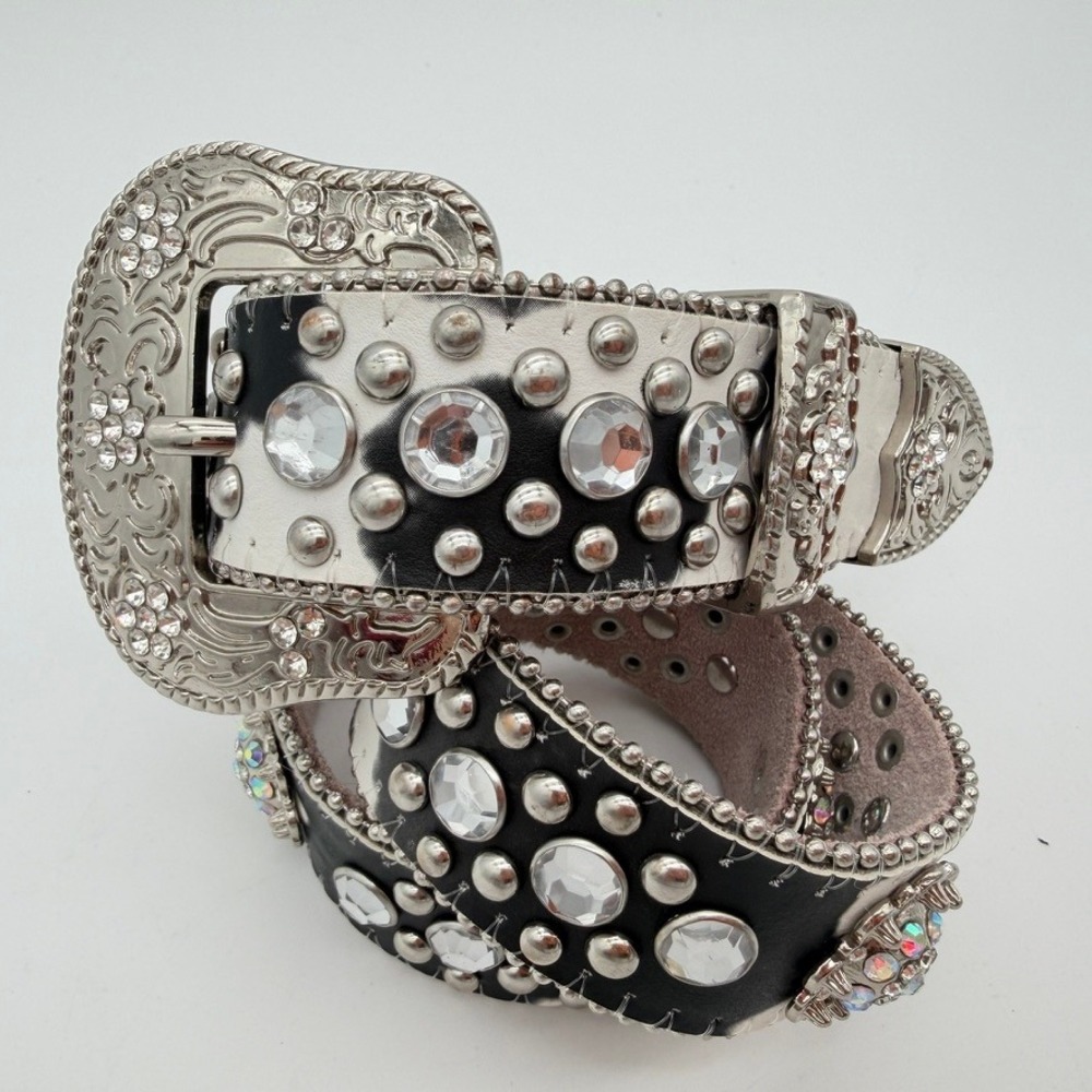 BHW 1372 Genuine Leather Cow Print Rhinestone Western Belt XS 23-27